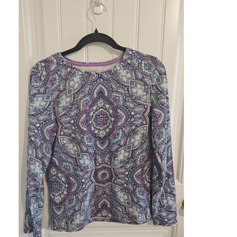 Women Medium Talbots Bohemian Paisley Cotton Spandex Long Sleeve Tee Purple Blue
